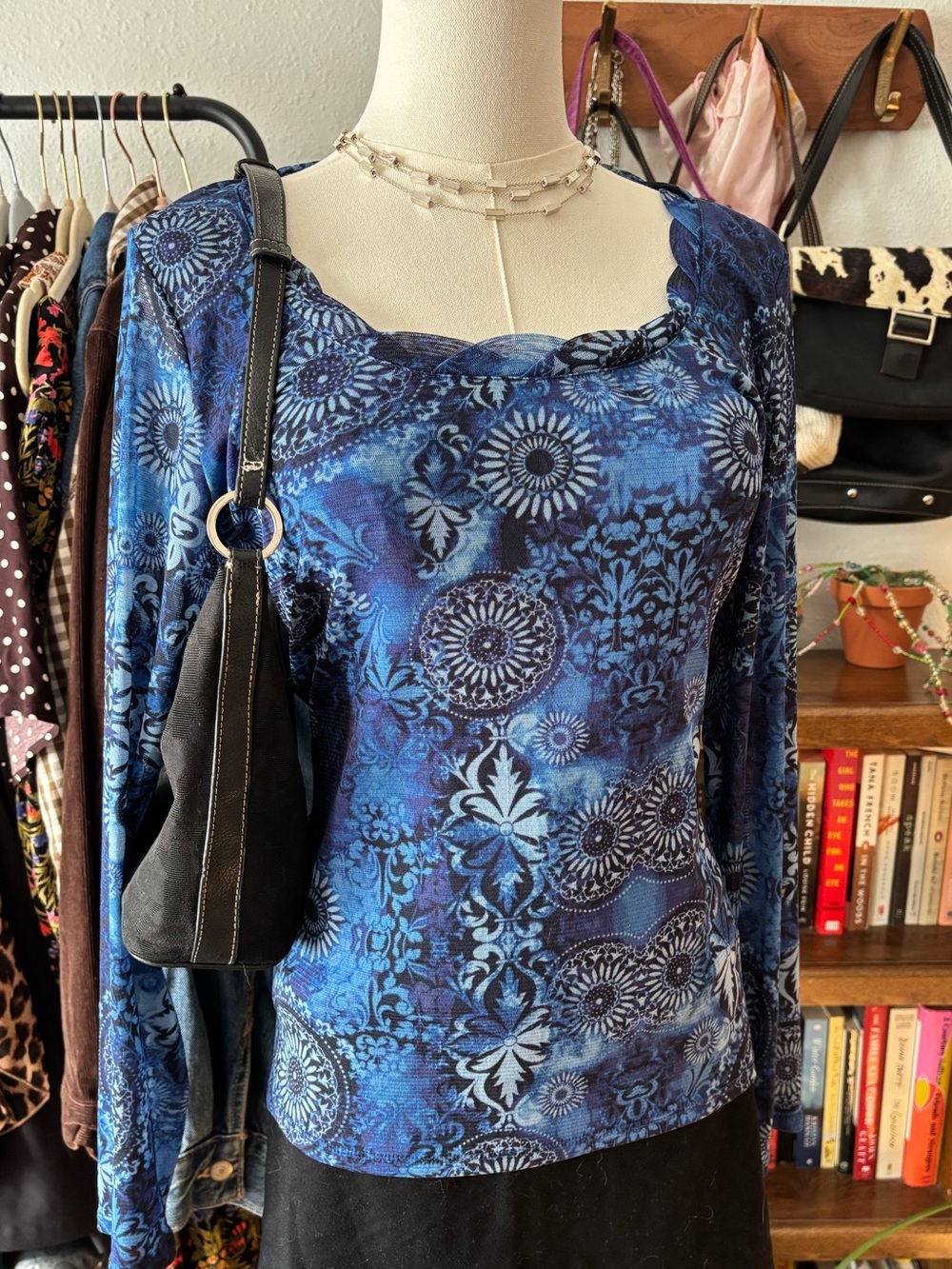 y2k vintage 2000s blue floral bohemian funky whimsical print mesh long sleeve